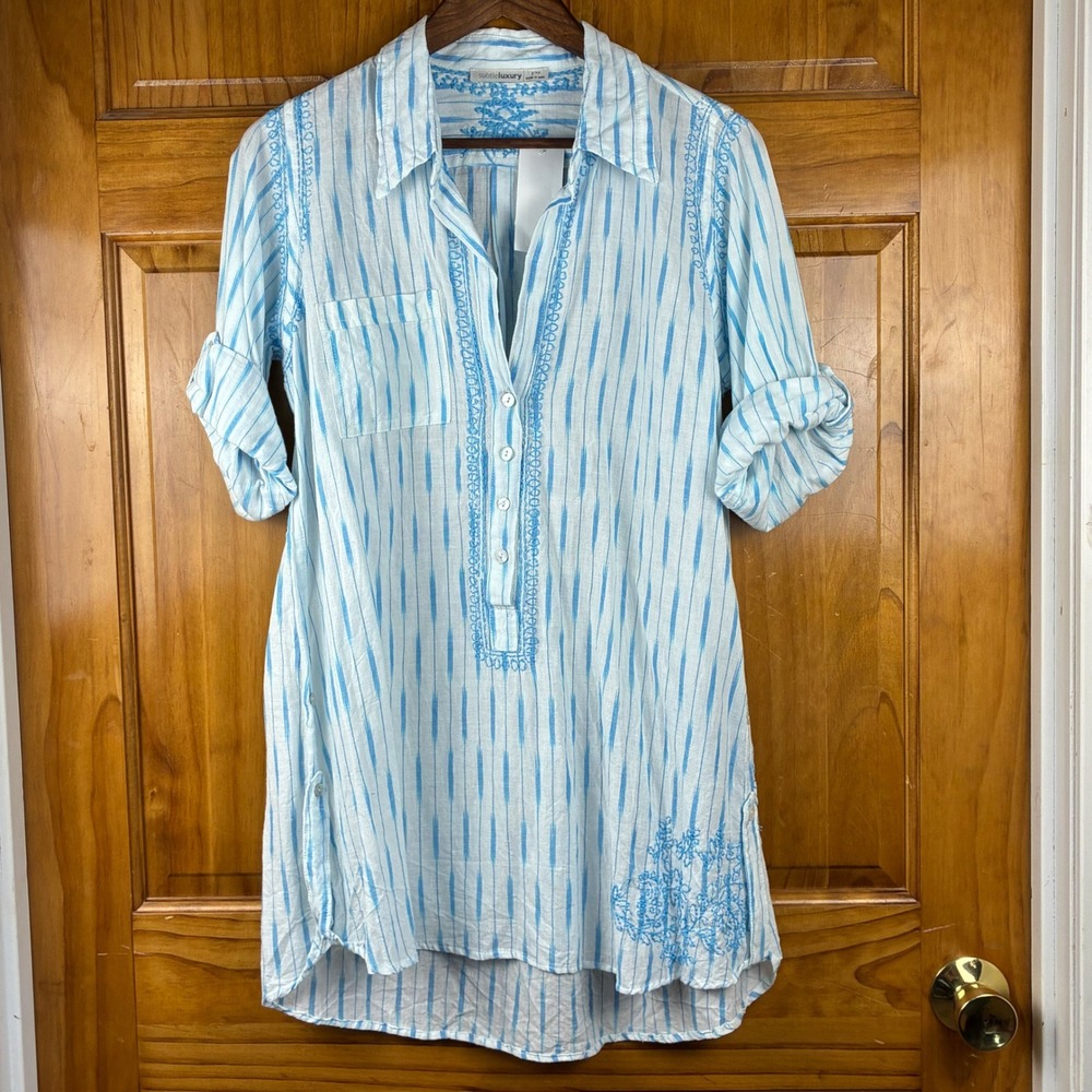 Subtle Luxury White Blue Ikat Embroidered S/M Cotton Tunic Top Cover Up Coastal